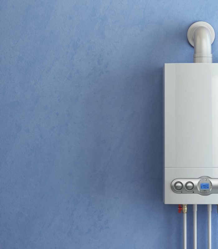 Gas boiler on blue background. Gas boiler home heating. Caldera y termo en Castellón